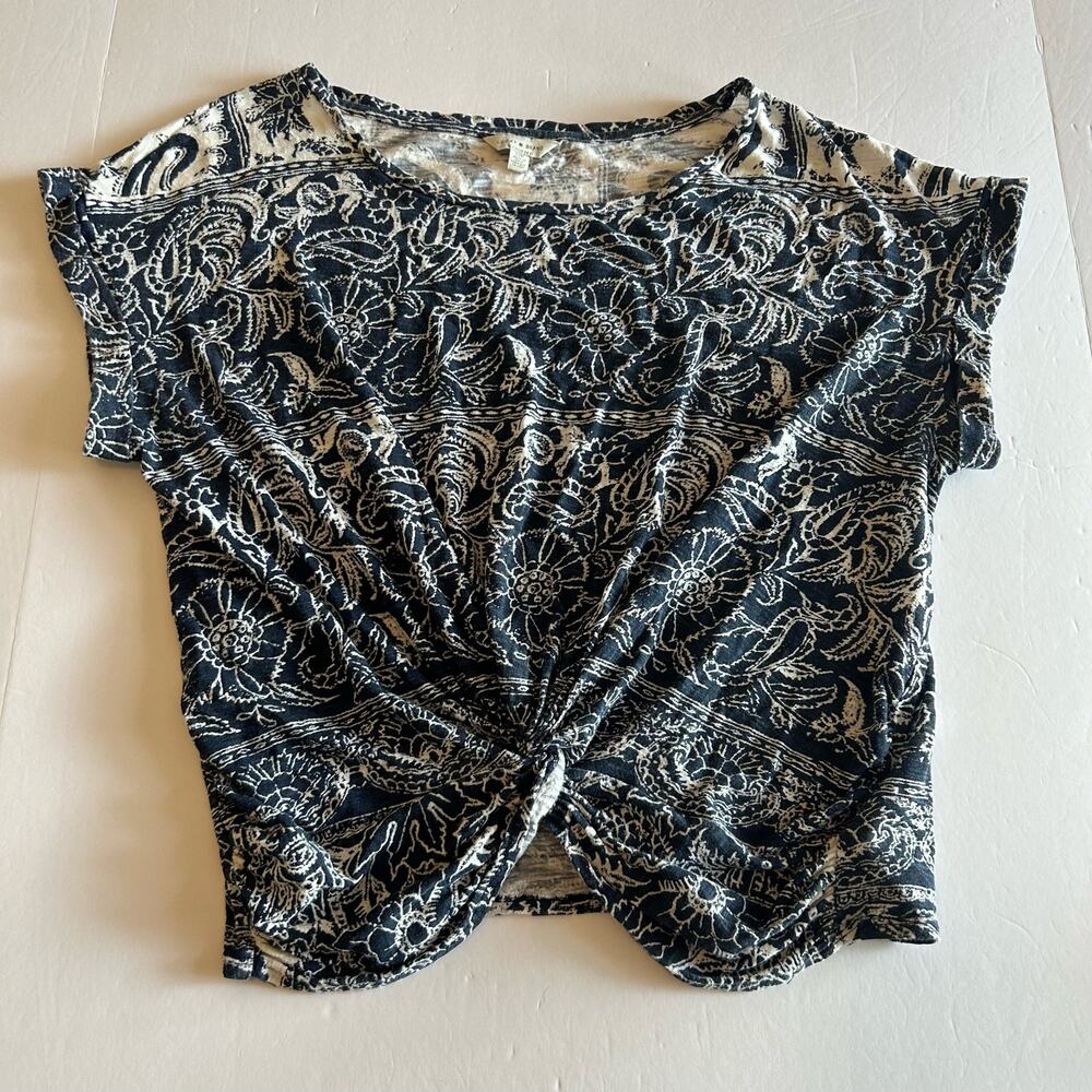 Lucky Brand Women's Stretch Paisley Floral Cap Sleeve Twist Front Blue Top Small